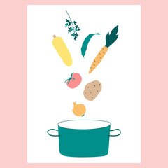 Fresh vegetables fall into the pot. Peas, onion, carrot, corn, parsley, potatoes and tomato. Vector illustration for soup recipe.