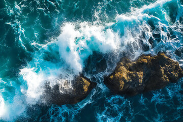 Aerial view of ocean waves crashing on the shore. Created with Generative AI technology.