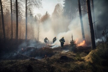 Fototapeta premium Firefighters extinguish a fire in the forest. Selective focus. forest fire with trees on fire firefighters trying to stop the fire, AI Generated