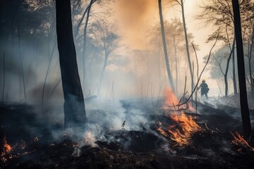 Forest fire with burning dry grass and trees in the background, Nature disaster concept, forest fire with trees on fire firefighters trying to stop the fire, AI Generated