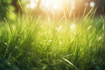 Green grass in the sun with bokeh effect. Nature background, Fresh and detailed green grass in a meadow close up, AI Generated
