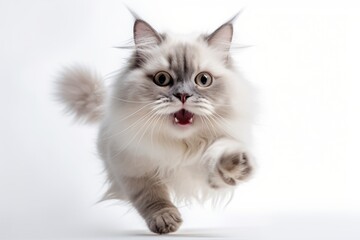 Medium shot portrait photography of a smiling ragdoll cat pouncing against a white background. With generative AI technology