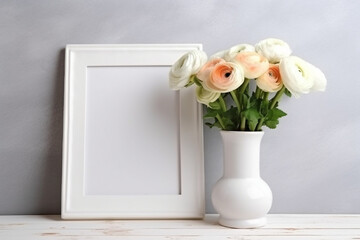 Blank white frame mockup with a runuculus flowers in vase, minimalistic style. AI generated