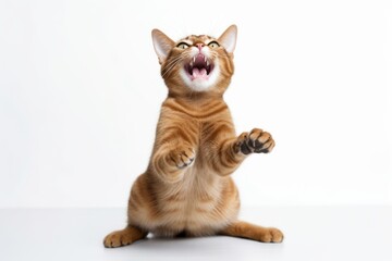 Fototapeta premium Medium shot portrait photography of a happy abyssinian cat kneading with hind legs against a white background. With generative AI technology
