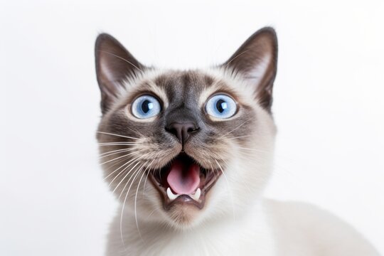 Environmental portrait photography of a curious siamese cat meowing against a white background. With generative AI technology