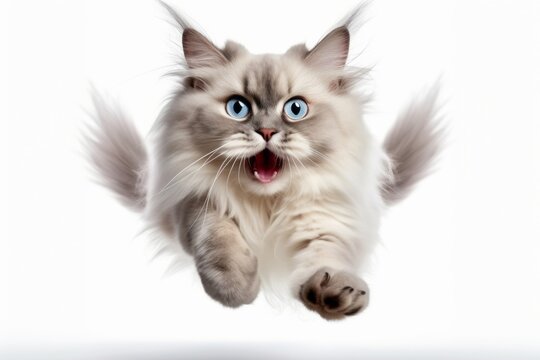 Medium Shot Portrait Photography Of A Smiling Ragdoll Cat Pouncing Against A White Background. With Generative AI Technology