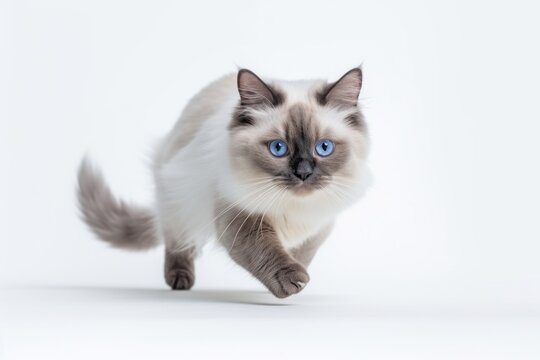 Environmental portrait photography of a curious ragdoll cat running against a white background. With generative AI technology