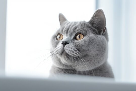 Medium shot portrait photography of a cute british shorthair cat window watching against a white background. With generative AI technology