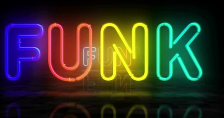 Funk music neon symbol. Light color bulbs. Funky entertainment retro style abstract seamless and loopable concept. 3d flying through the tunnel animation. - Powered by Adobe
