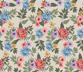 Fancy flourish seamless pattern with hand drawn colorful flower and leaves
