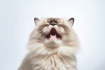 Medium shot portrait photography of a smiling himalayan cat scratching against a white background. With generative AI technology