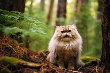 Naklejka na ściany i meble Medium shot portrait photography of a happy persian cat exploring against a forest background. With generative AI technology