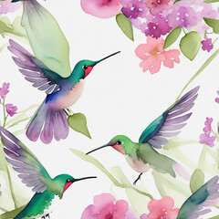 Obraz premium Watercolor Hummingbird Pattern - Captivating and Vibrant Design for Invitations, Cards, Wallpaper, and More!