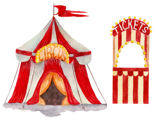 Watercolor set, circus tent and ticket office isolated on white background. For various circus, childish products, etc.