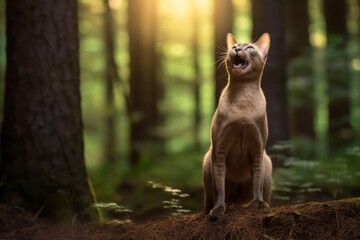 Obraz na płótnie Canvas Full-length portrait photography of a happy burmese cat meowing against a forest background. With generative AI technology