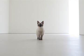 Conceptual portrait photography of a happy siamese cat exploring against a minimalist or empty room background. With generative AI technology