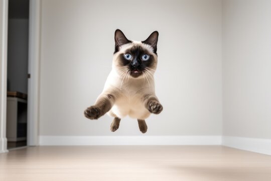 Medium shot portrait photography of a funny siamese cat leaping against a minimalist or empty room background. With generative AI technology