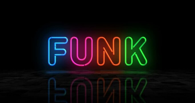 Funk music neon glowing symbol. Light color bulbs. Funky entertainment retro style  abstract concept 3d animation.