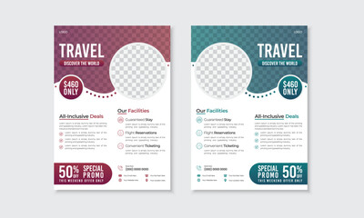 Travel flyer, poster, pamphlet, brochure cover design template with space for photo background, two color schemes, vector layout in A4 size with margin & bleed, easy to use and edit, print ready file