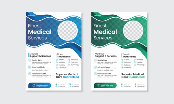 Healthcare vector A4 template design and flat icons for a report and medical brochure design, flyer, poster, leaflet, layout modern with gradient color, white background with space for photo