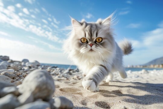 Environmental portrait photography of a curious persian cat pouncing against a beach background. With generative AI technology