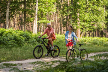 Father and daughter walking with bicycles and communicating with each other