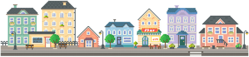 Naklejka na ściany i meble Empty city with long road along pixelated houses vector. City downtown landscape with colored buildings. Design for mobile app, computer game. Low-rise apartment buildings in pixel style