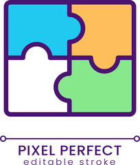 Jigsaw puzzle pieces pixel perfect RGB color icon. Business cooperation. Teamwork in company. Isolated vector illustration. Simple filled line drawing. Editable stroke. Poppins font used