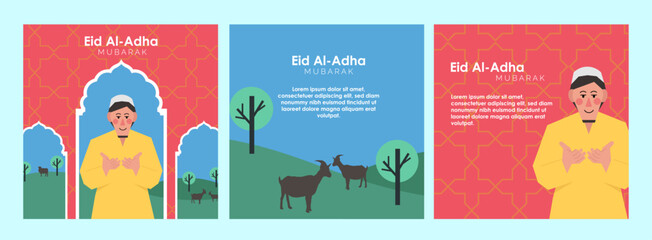 Fototapeta premium eid-adha-man-praying-mosque-goat-outside-social-media-post-in-flat-illustration