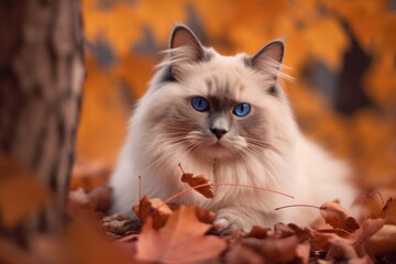 Naklejka na ściany i meble Lifestyle portrait photography of a funny ragdoll cat eating against an autumn foliage background. With generative AI technology