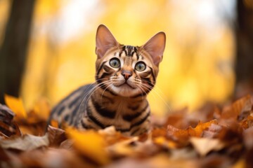 Naklejka na ściany i meble Medium shot portrait photography of a smiling bengal cat exploring against an autumn foliage background. With generative AI technology