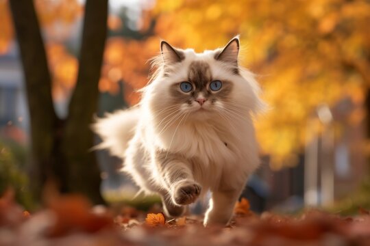 Environmental portrait photography of a happy ragdoll cat sprinting against an autumn foliage background. With generative AI technology