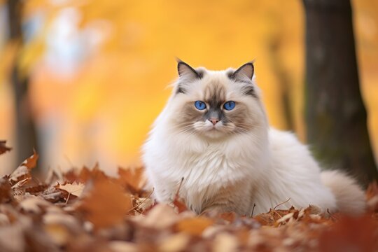 Full-length portrait photography of a cute ragdoll cat crouching against an autumn foliage background. With generative AI technology