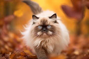 Naklejka na ściany i meble Headshot portrait photography of a curious himalayan cat sprinting against an autumn foliage background. With generative AI technology