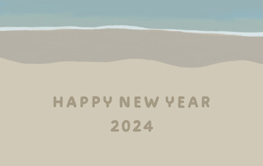 Fototapeta na wymiar Top view of a happy new year 2024 written on a sand beach with an ocean wave.