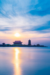 Beautiful evening sunset on the seashore of Penglai, Shandong