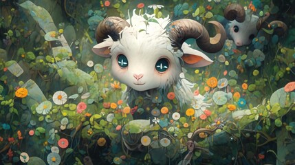 Cute Lofi animal in nature, anime style illustration wallpaper background design, Generative AI - obrazy, fototapety, plakaty