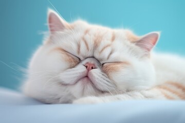 Close-up portrait photography of a smiling exotic shorthair cat sleeping against a pastel or soft colors background. With generative AI technology