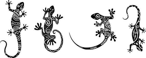 gecko - tribal decorative, tattoo, logo (black) - obrazy, fototapety, plakaty