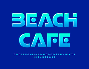 Vector modern Emblem Beach Cafe. Bright Unique Font. Trendy Glossy Alphabet Letters and Numbers set