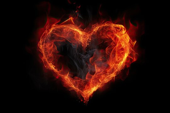 Burning heart on a black background. Fire in the form of a heart. Fire heart on a dark background, AI Generated