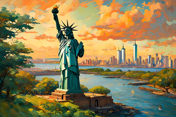 A breathtaking illustration of the Statue of Liberty captures the symbol of freedom and opportunity, standing tall as a beacon of hope in the bustling cityscape of New York. | Generative AI - obrazy, fototapety, plakaty