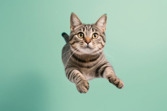 Medium shot portrait photography of a curious tabby cat leaping against a pastel or soft colors background. With generative AI technology