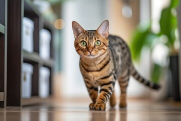 Environmental portrait photography of a happy bengal cat exploring against a cozy living room background. With generative AI technology