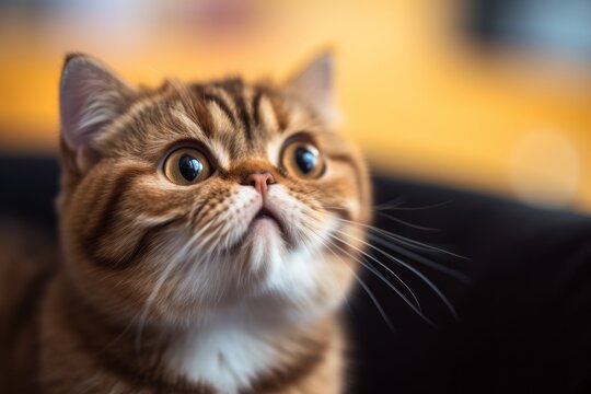 Close-up portrait photography of a happy exotic shorthair cat murmur meowing against a cozy living room background. With generative AI technology