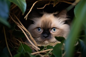 Environmental portrait photography of a curious himalayan cat skulking against an indoor plant. With generative AI technology