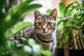 Naklejka na ściany i meble Medium shot portrait photography of a smiling egyptian mau cat exploring against an indoor plant. With generative AI technology
