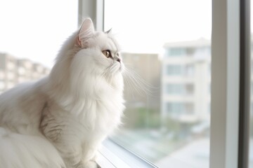 Medium shot portrait photography of a cute persian cat tail wagging against a bright window. With generative AI technology
