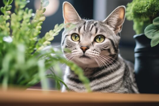 Medium shot portrait photography of a smiling egyptian mau cat exploring against an indoor plant. With generative AI technology