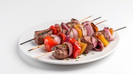 A plate of beef kebabs with peppers and onions on White Background with copy space for your text created with generative AI technology